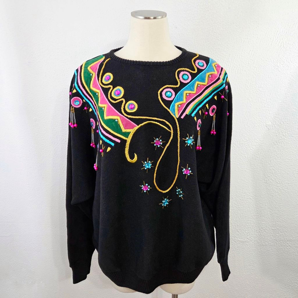 Vintage funky 80s rainbow beaded gem sweater pink black sequins embroider 1X